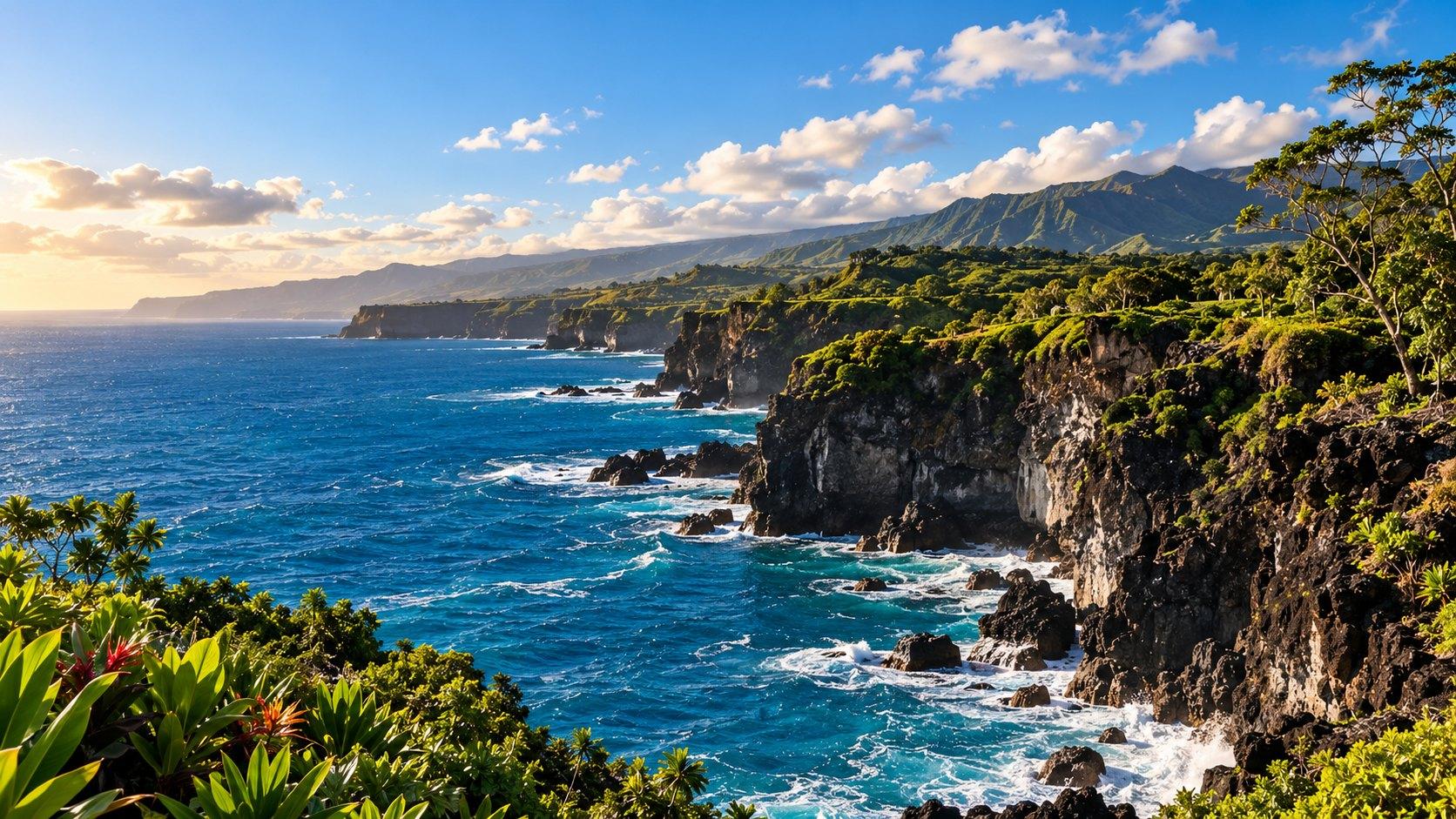 Rugged lava-rock coastline of Hawaiʻi Island meeting deep blue ocean beneath green cliffs