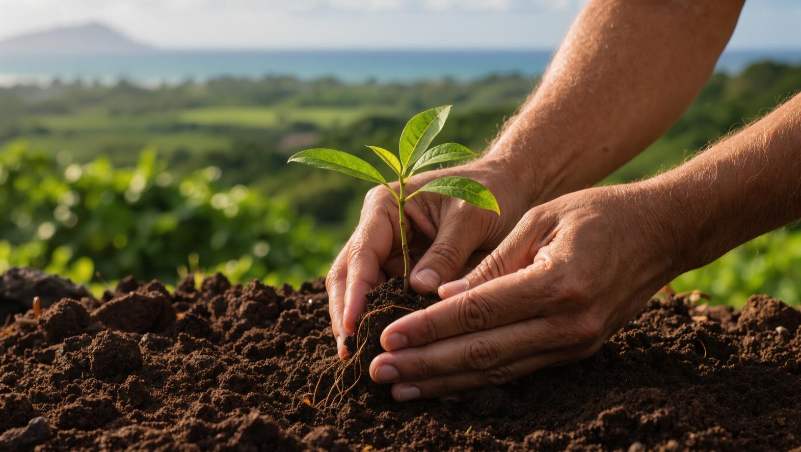 Two hands gently planting a young seedling in dark volcanic soil with the green coast and ocean behind