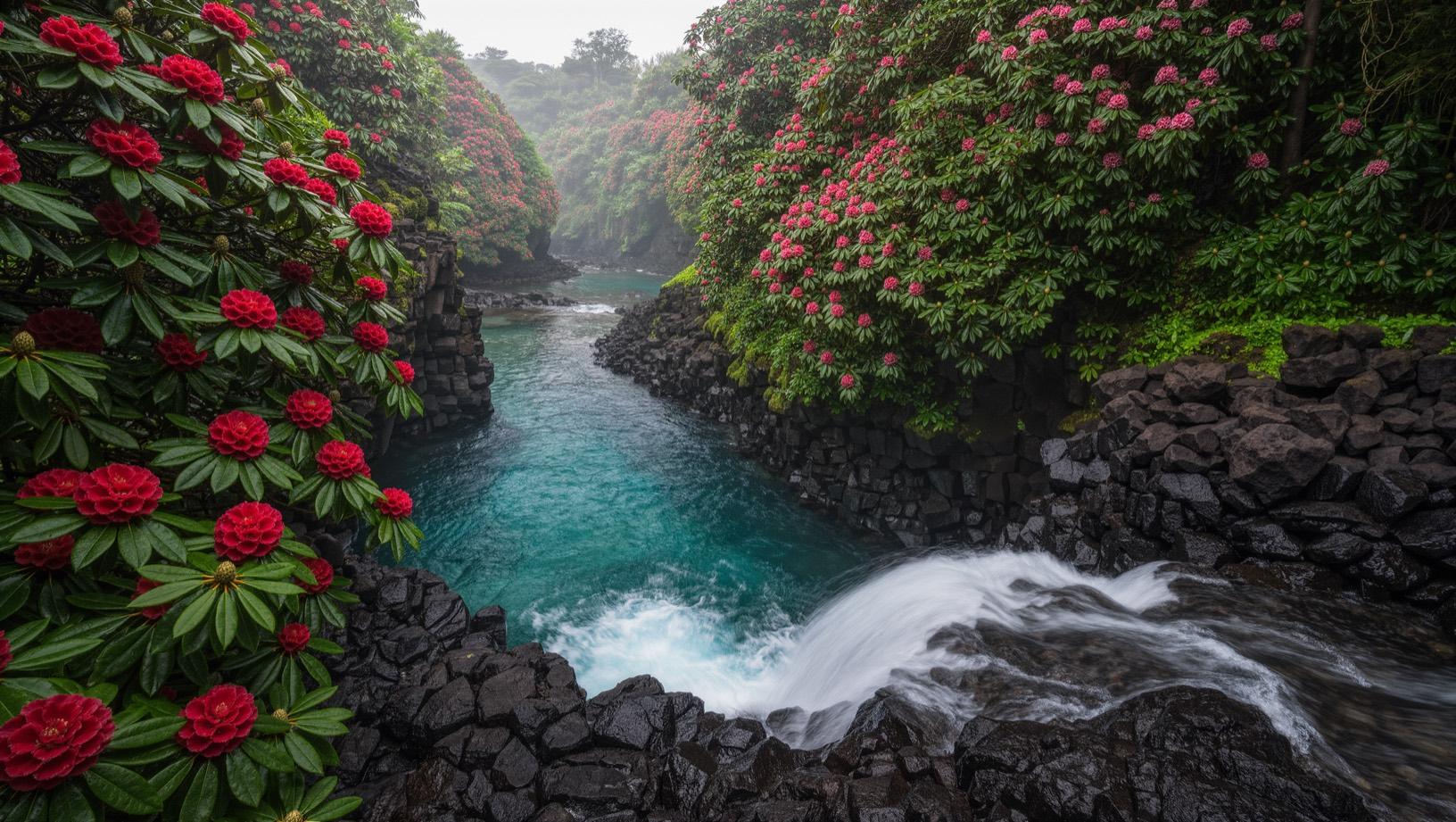 Rain-misted stream running over black lava rock between flowering shrubs into a turquoise coastal pool