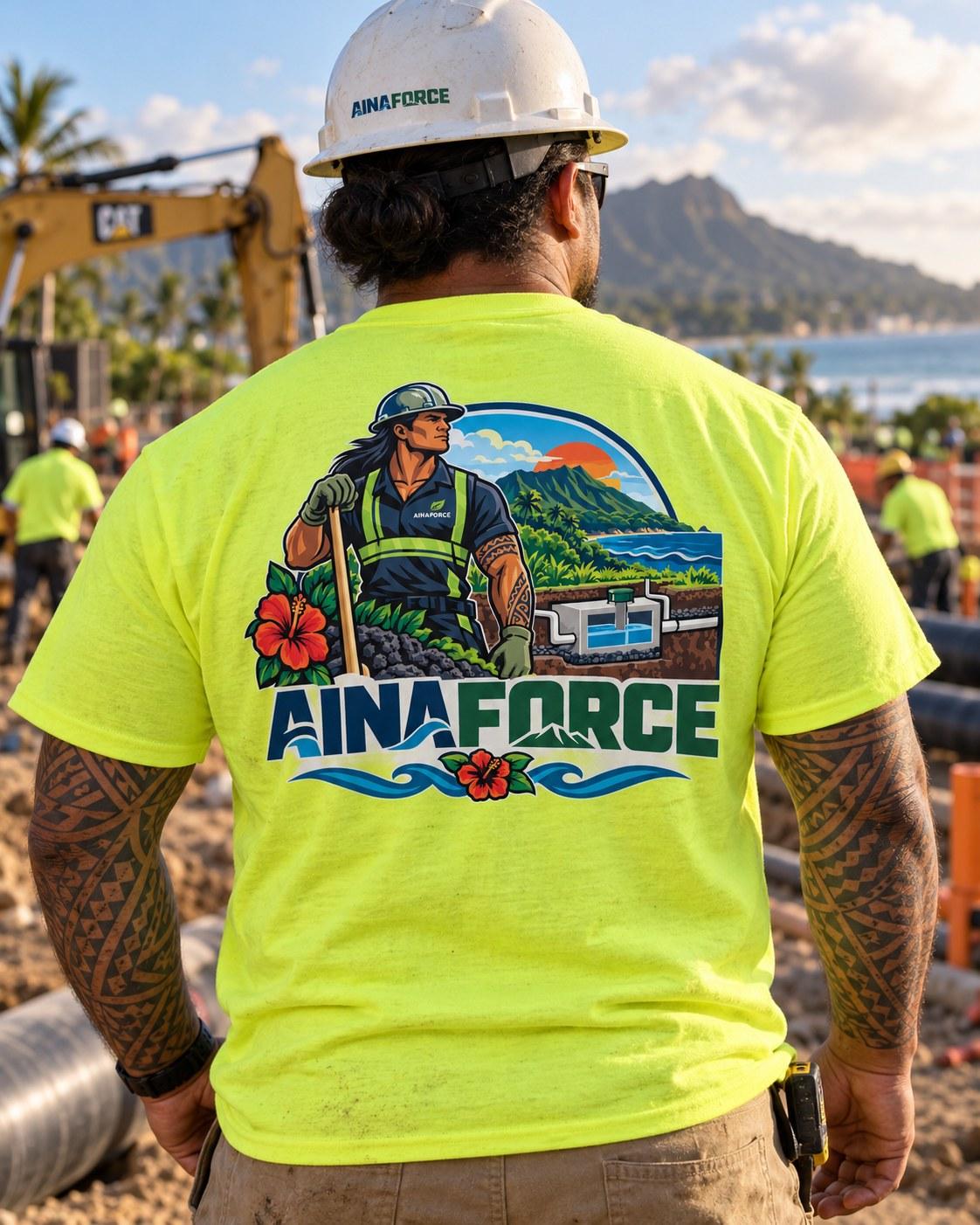 An ʻĀina Force crew member seen from behind on a job site, wearing a hard hat and a high-visibility shirt with the ʻĀina Force emblem