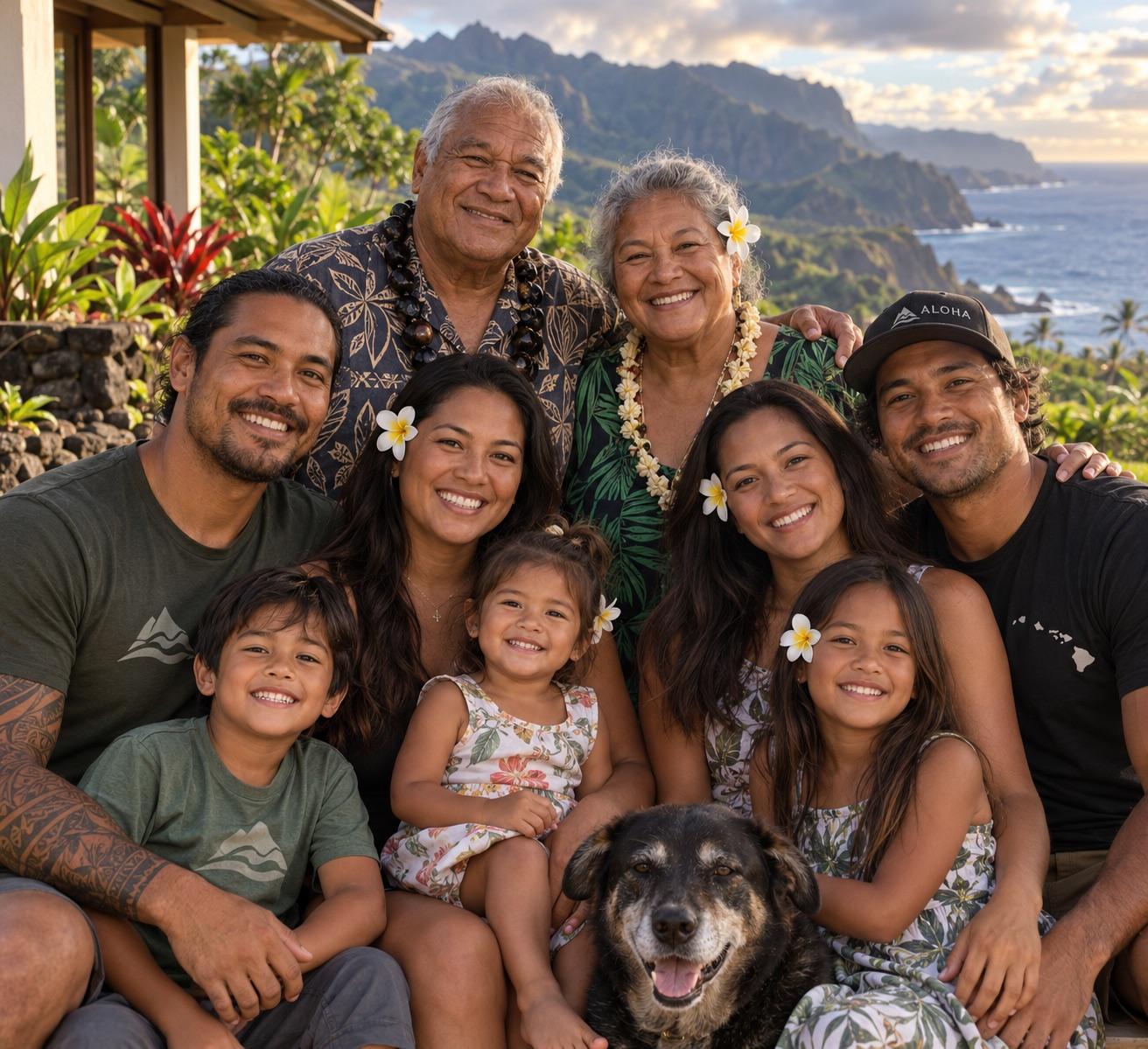 A multigenerational Hawaiʻi family with their dog, smiling together at sunset with the coastline behind them
