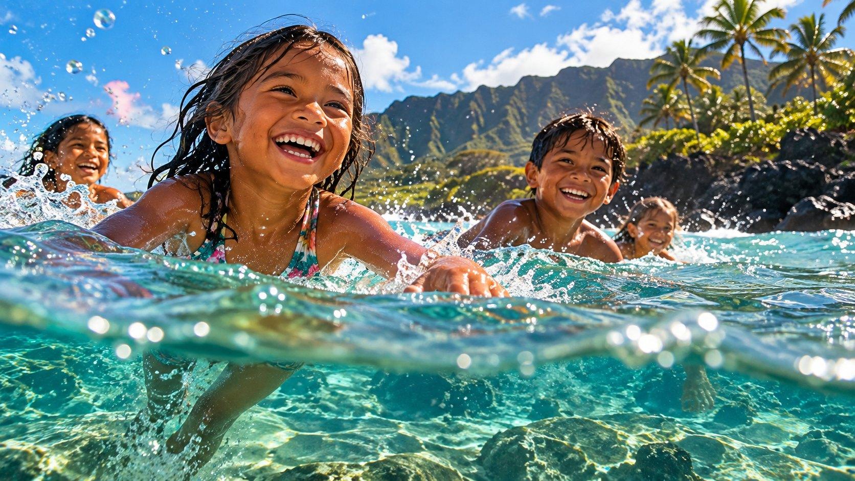 Laughing keiki swimming in clear turquoise water near a lush Hawaiʻi shoreline