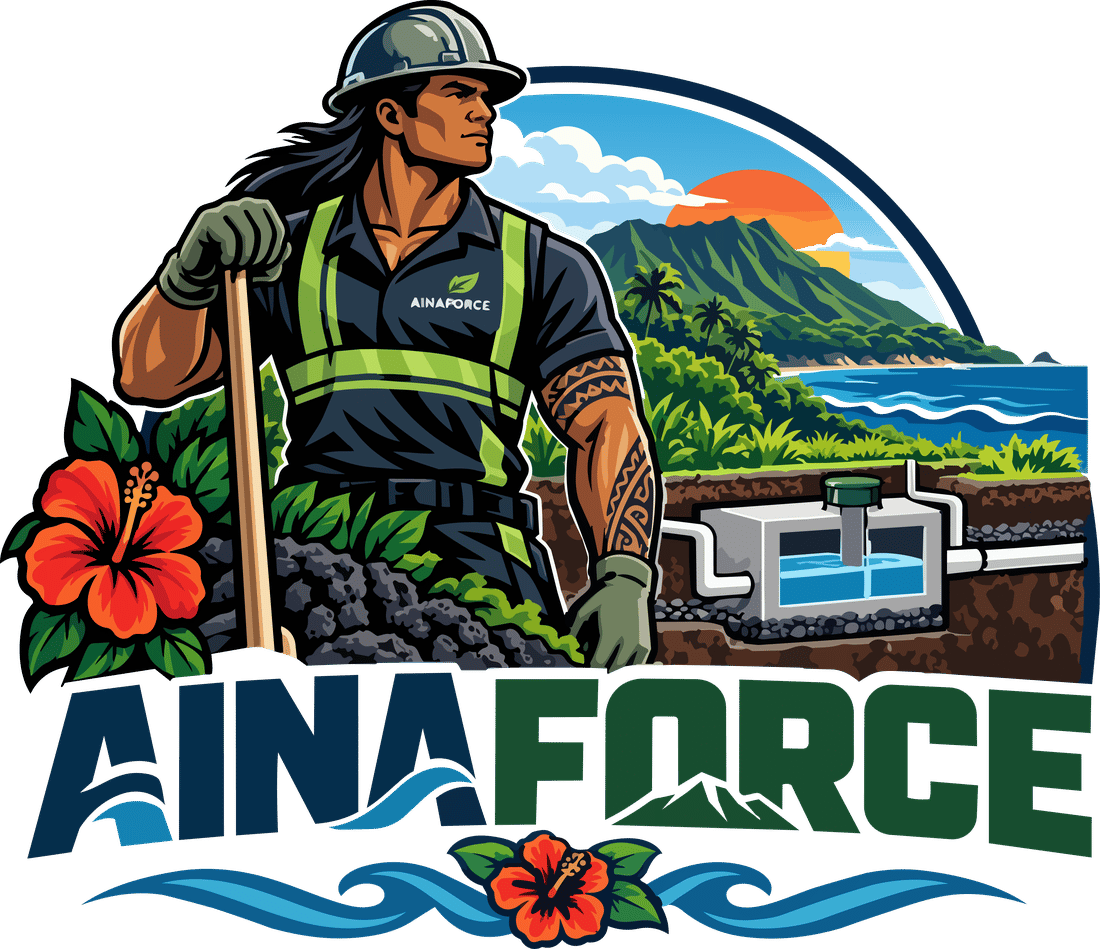 ʻĀina Force emblem — a worker standing before the mountains, ocean, and hibiscus of Hawaiʻi Island