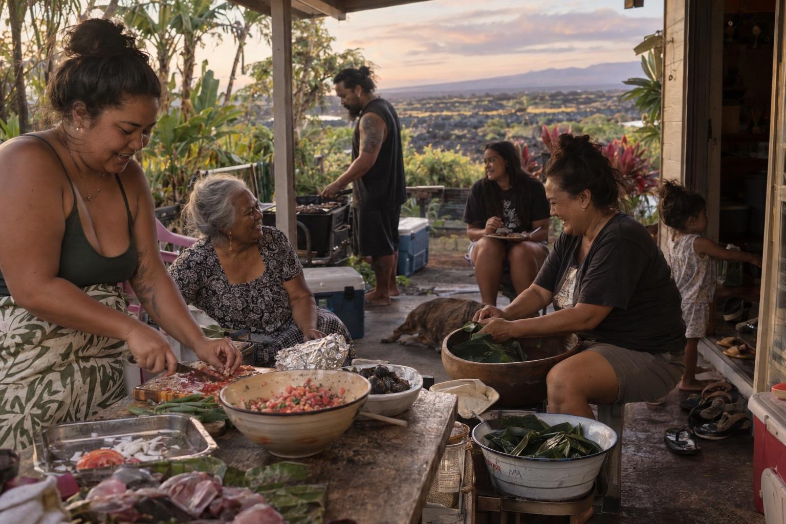 A Hawaiʻi ʻohana preparing a meal together on a covered lanai at sunset, laughing as they chop, wrap and grill, with a lava-rock valley and mountains behind them