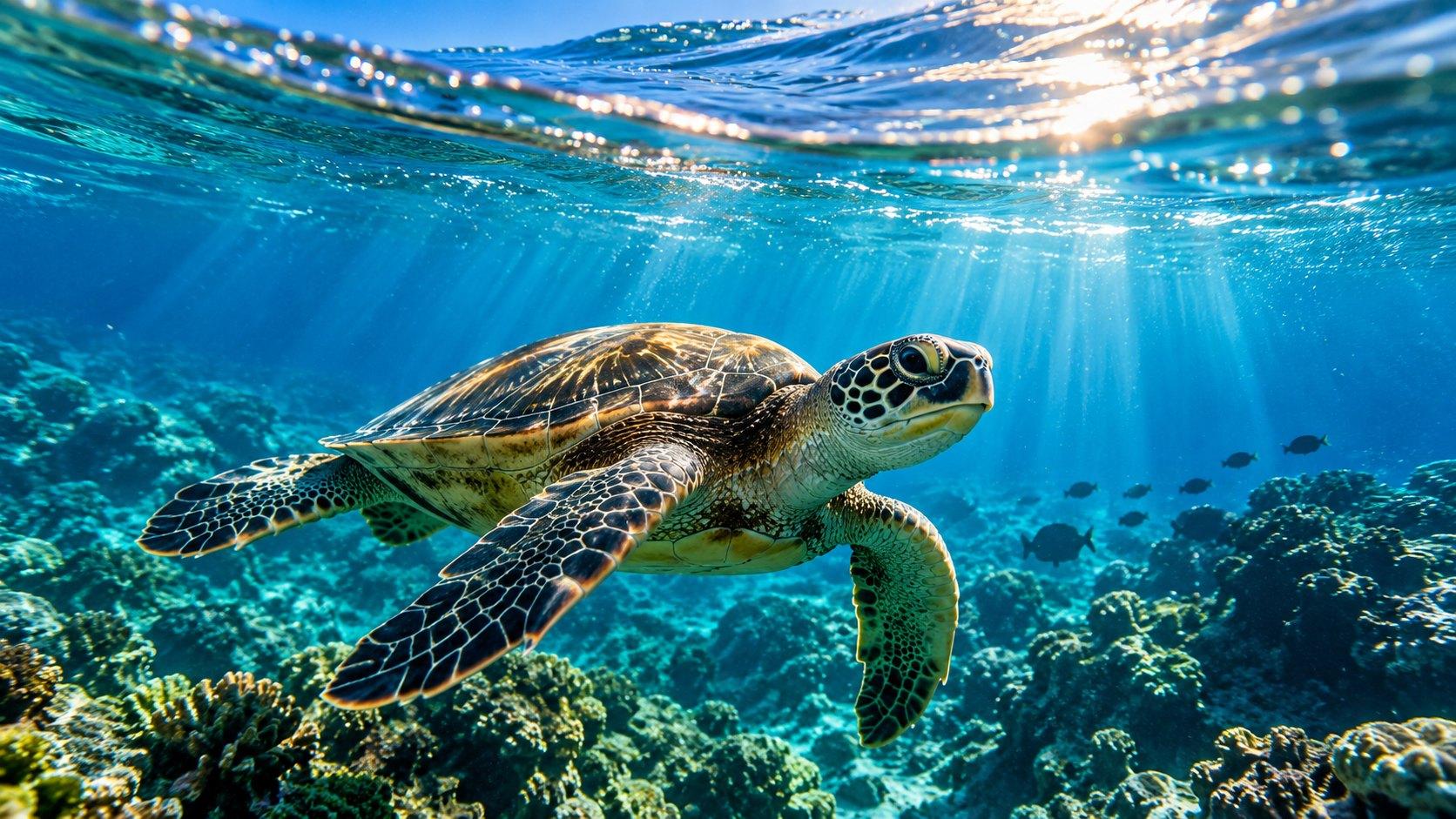 A green sea turtle gliding over a healthy reef in clear, sunlit water