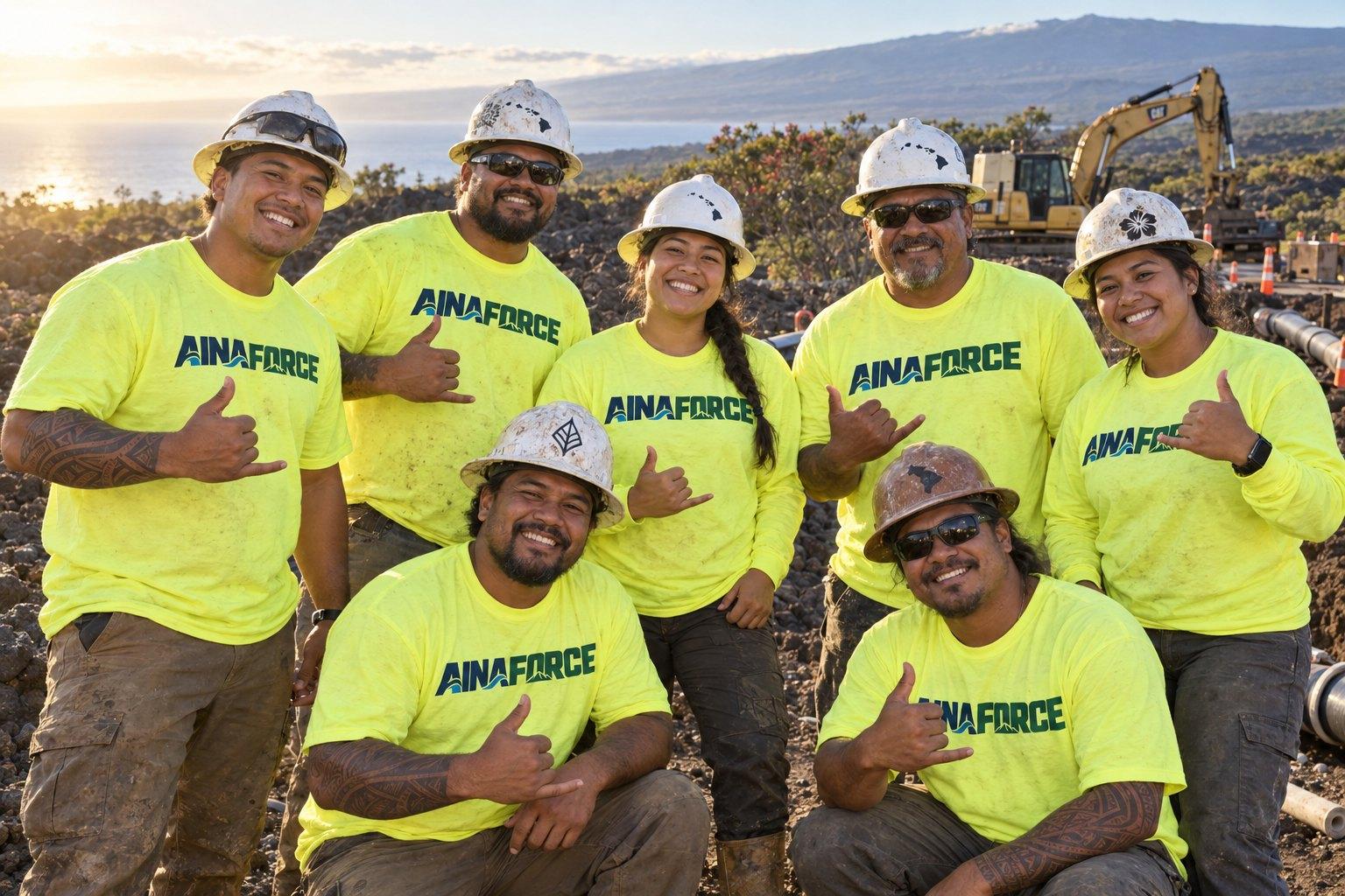 Seven ʻĀina Force crew members in hard hats and high-visibility shirts smiling and throwing shakas on a lava-rock job site above the ocean