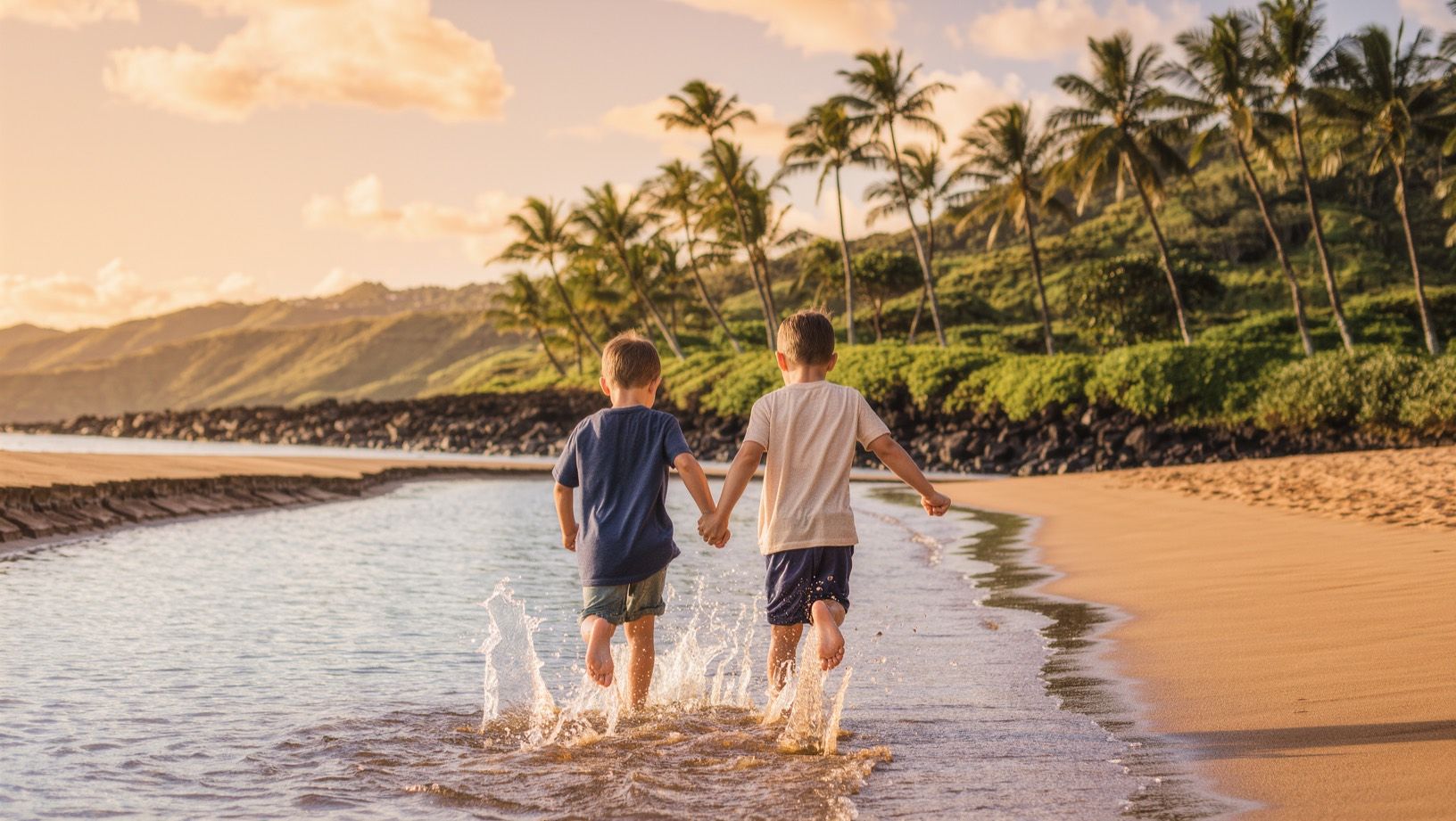 Two young children seen from behind, holding hands and splashing through shallow water along a Hawaiʻi shoreline at golden hour