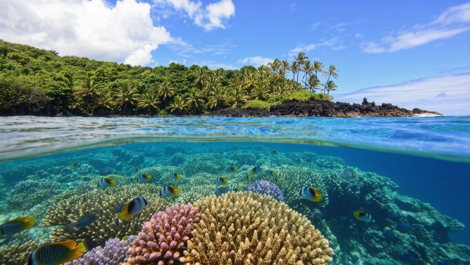 Over-under view of a lava coast with palms above the waterline and a healthy coral reef with fish below