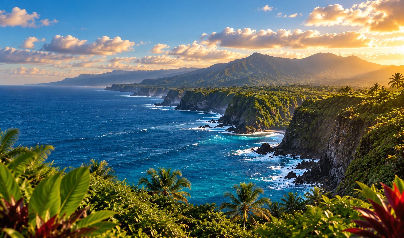 Golden-hour light over the Hawaiʻi Island coastline: green sea cliffs, deep blue water and mountains under glowing clouds