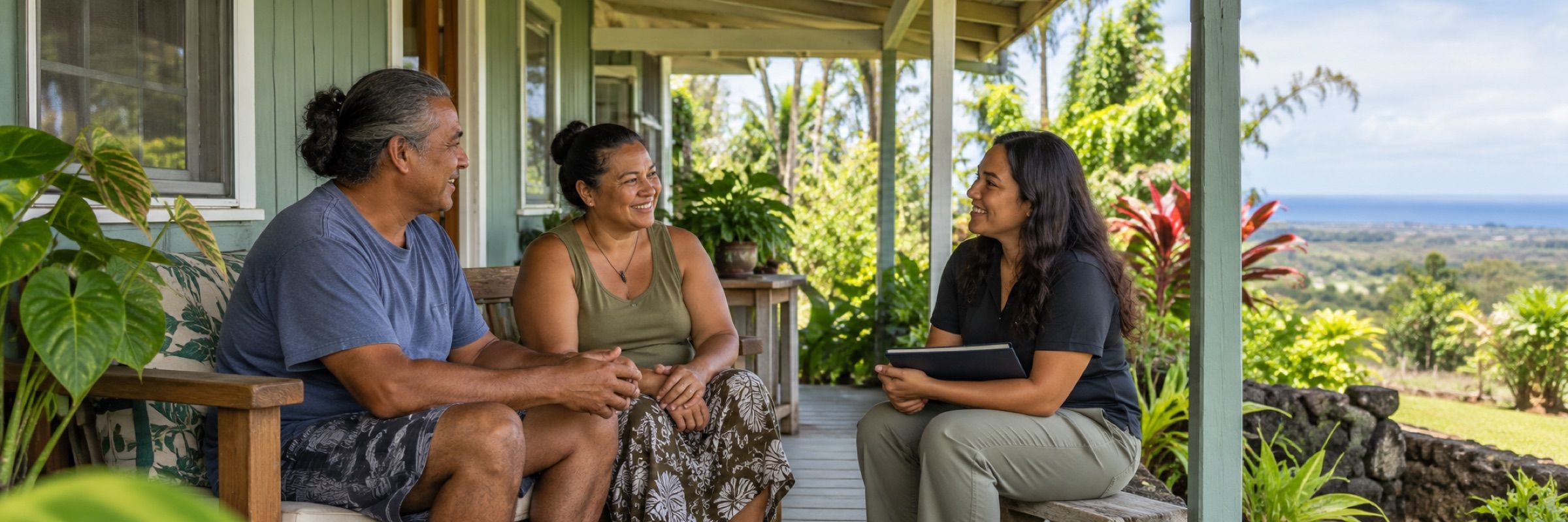 An ʻĀina Force team member with a tablet talking with a smiling couple on their lanai, with green hills and the ocean behind