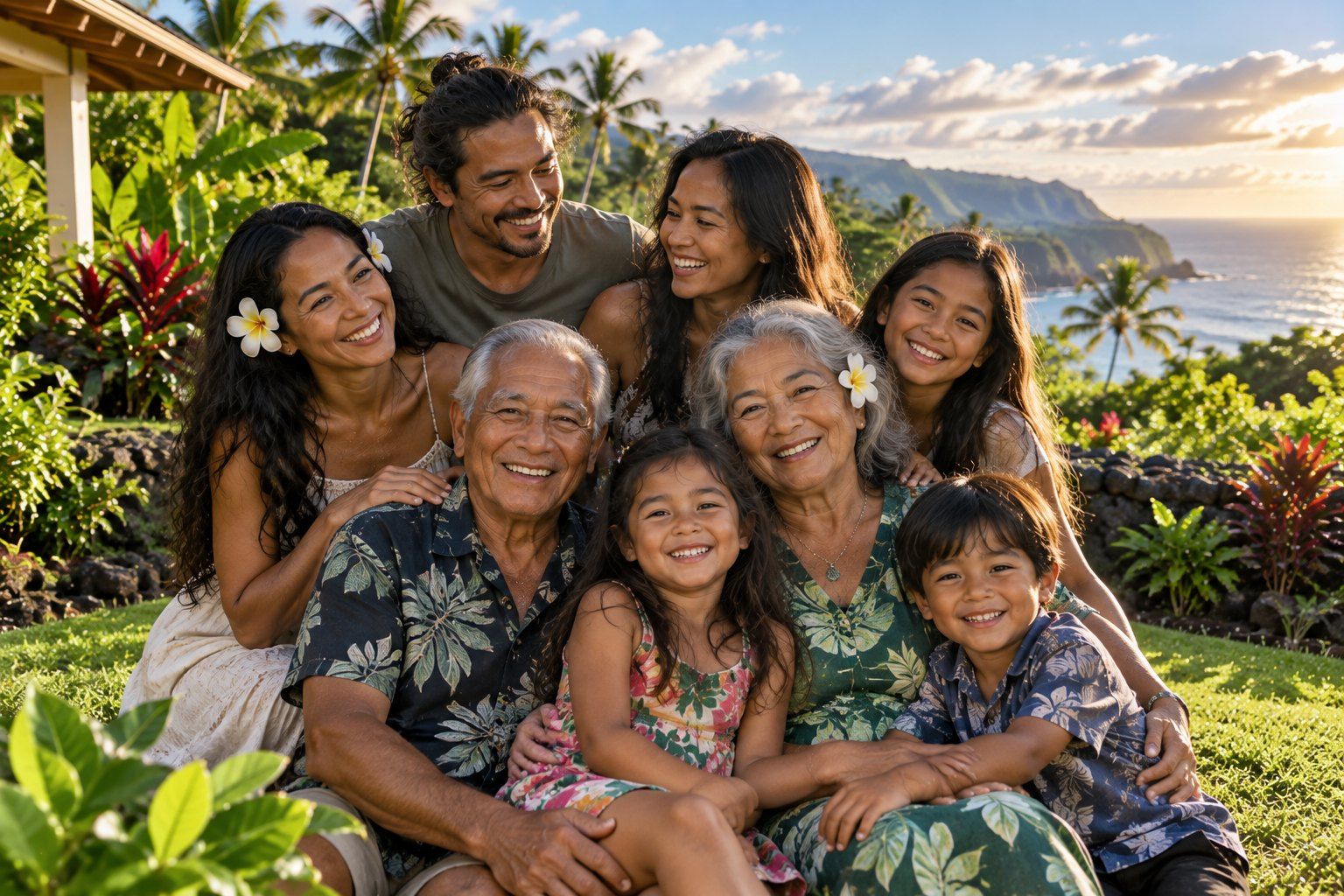 Three generations of a Hawaiʻi family smiling together in their garden at golden hour, the coastline behind them