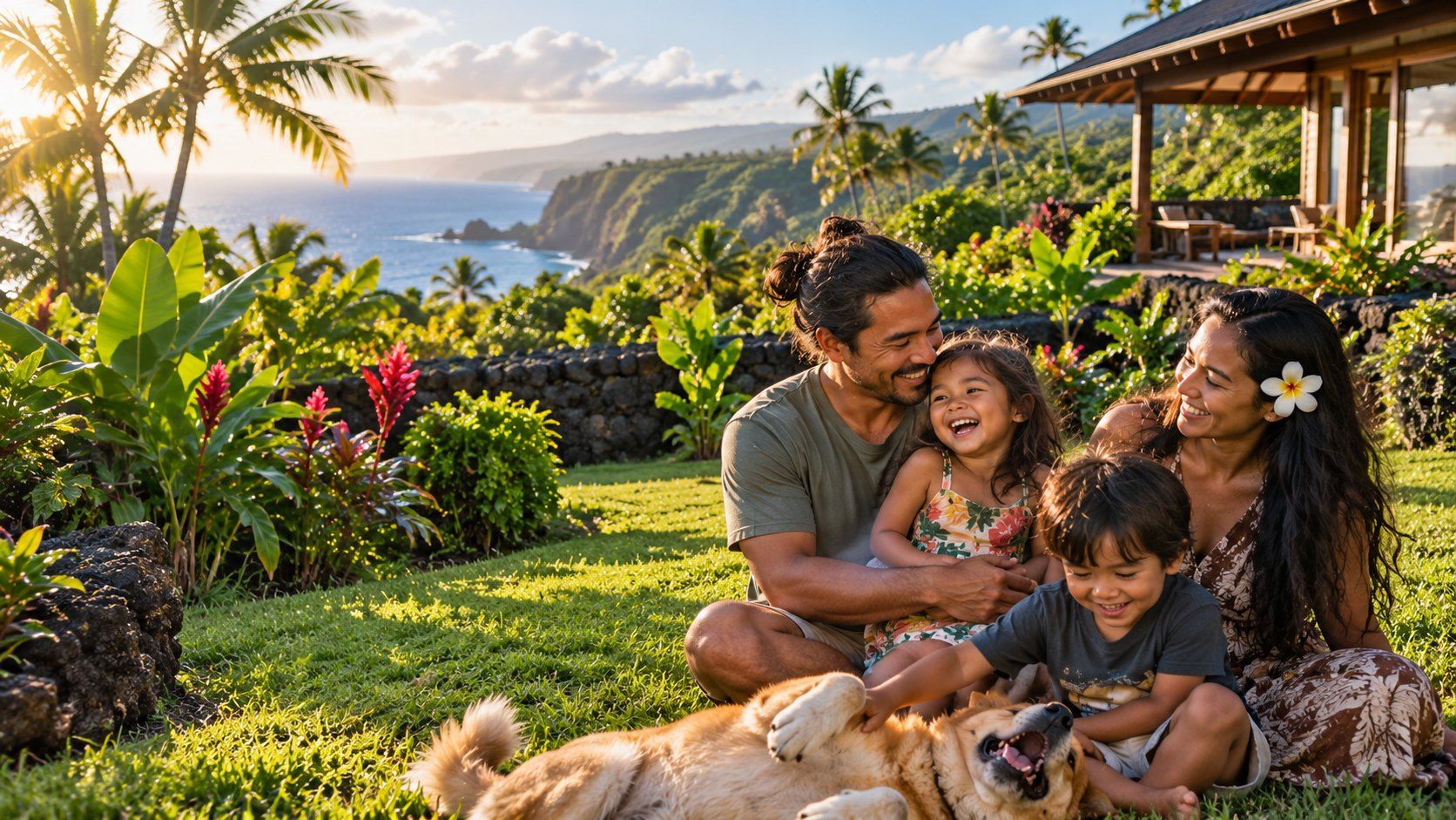 A Hawaiʻi family laughing together on the grass of their garden with their dog, ocean in the distance
