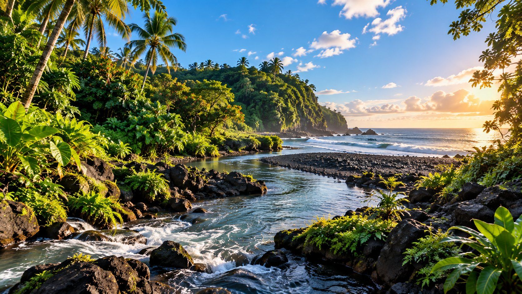 A freshwater stream winding through lava rock and tropical forest into the ocean