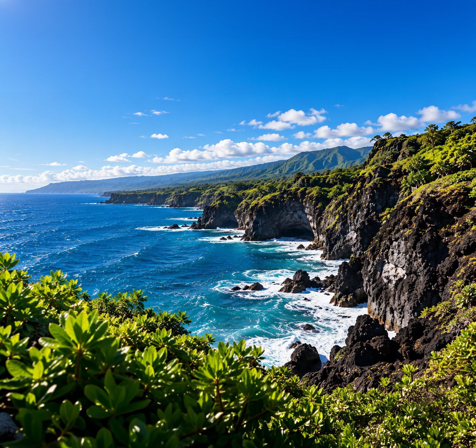 Dramatic forested sea cliffs dropping into the ocean along Hawaiʻi Island