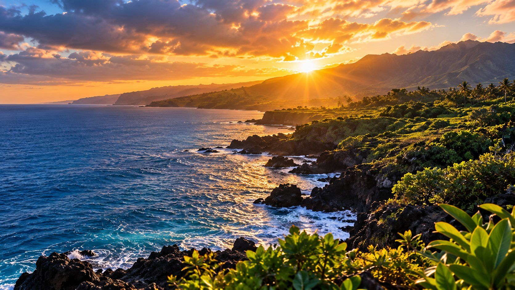 Sun setting over the mountains and a volcanic coastline on Hawaiʻi Island