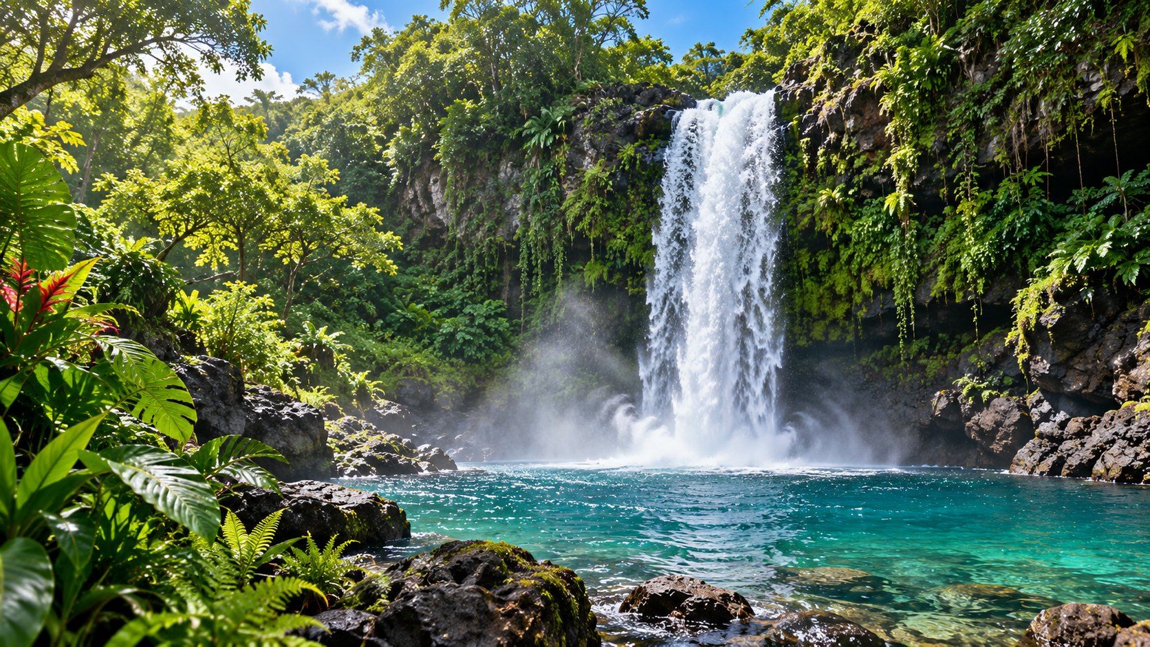 A waterfall pouring into a clear turquoise pool surrounded by rainforest and lava rock