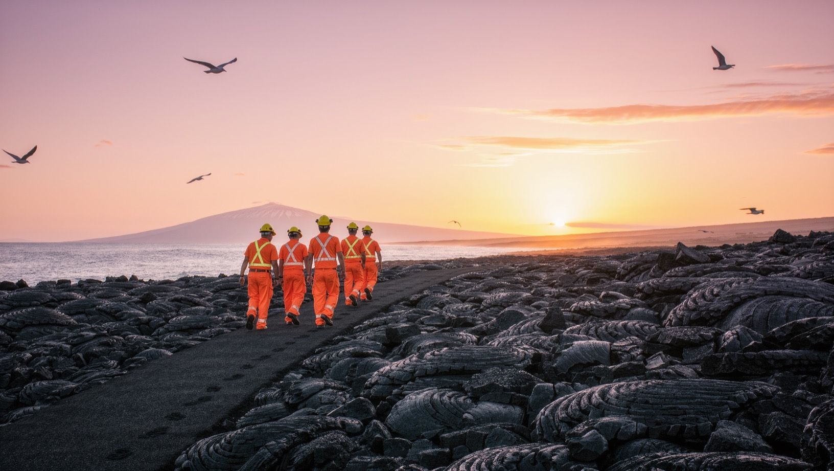 A crew in hard hats and high-visibility coveralls walking a lava-rock coastal road toward the sunrise, Mauna Kea in the distance