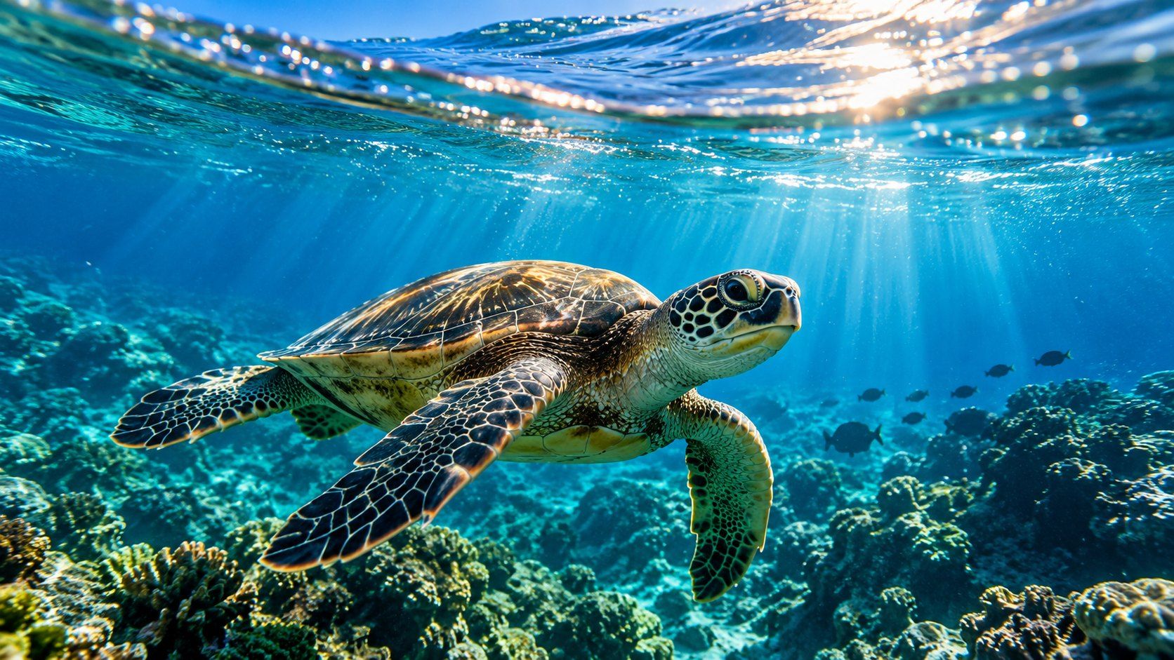 A green sea turtle gliding over a healthy reef in clear, sunlit water