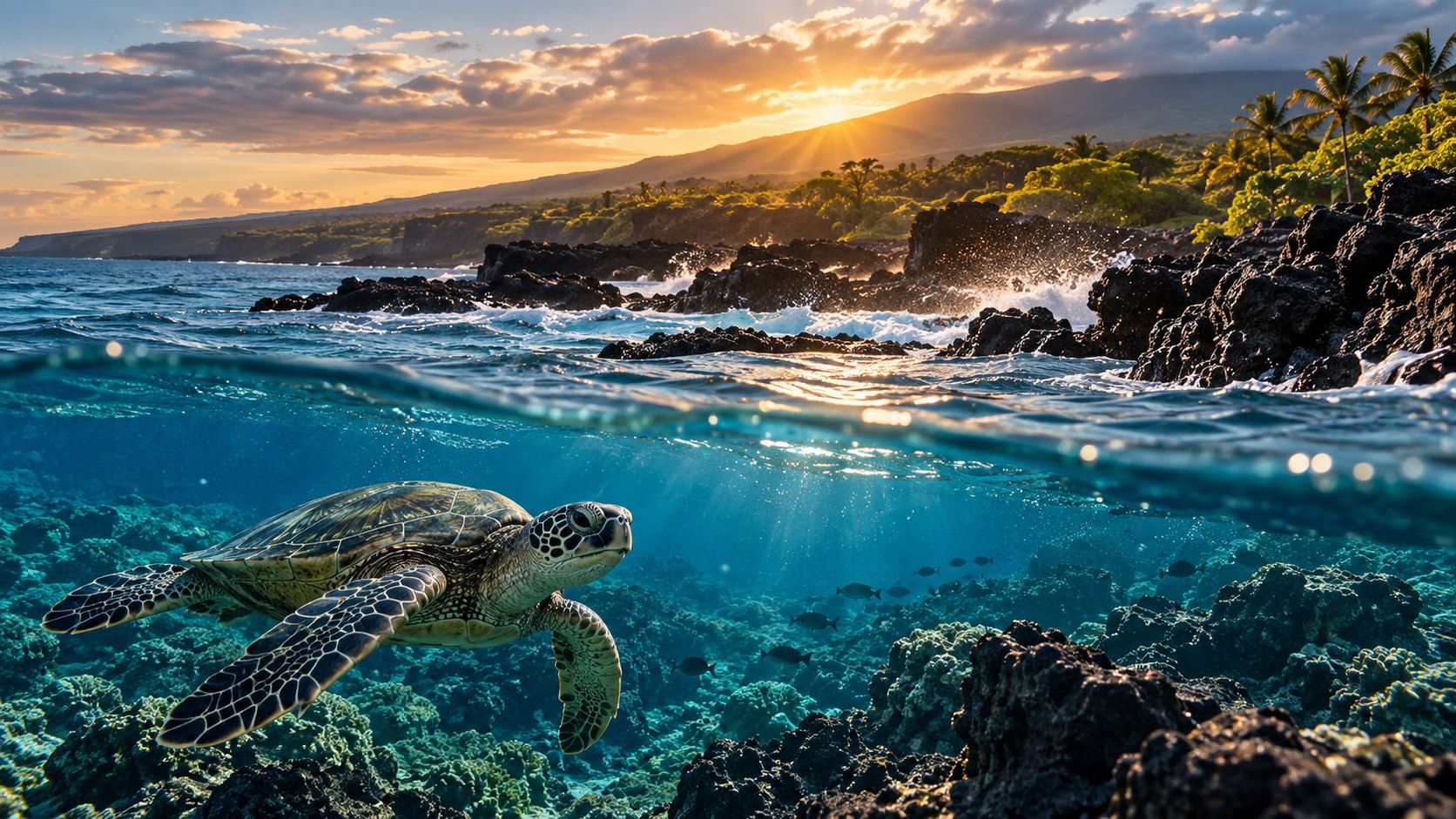 Golden sunset over a Hawaiʻi coastline with a sea turtle swimming over the reef below the surface